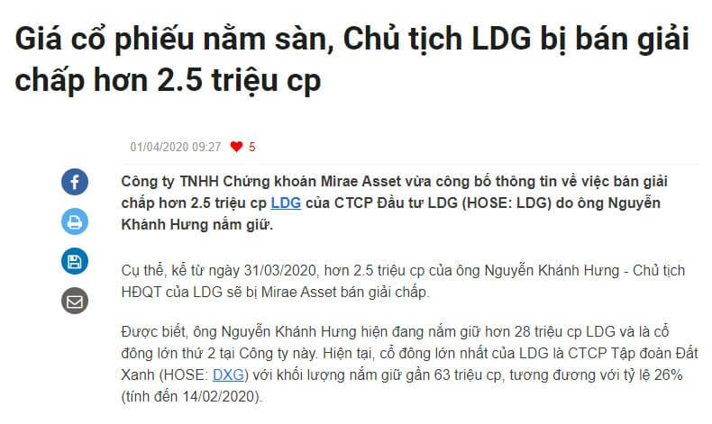 Chủ tịch LDG liên tục bị bán giải chấp cổ phiếu